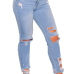  Trendy Mid Waist Broken Holes Baby Blue Denim Pants