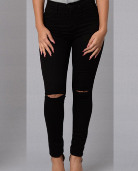  Trendy Mid Waist Broken Holes Black Denim Pants