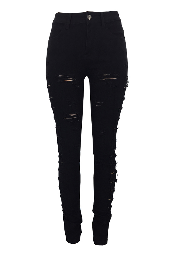  Trendy Mid Waist Broken Holes Black Denim Zipped Jeans