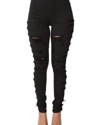  Trendy Mid Waist Broken Holes Black Denim Zipped Jeans