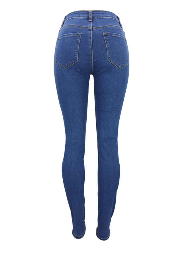  Trendy Mid Waist Broken Holes Blue Denim Pants