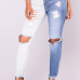  Trendy Mid Waist Broken Holes Blue-white Denim Pants