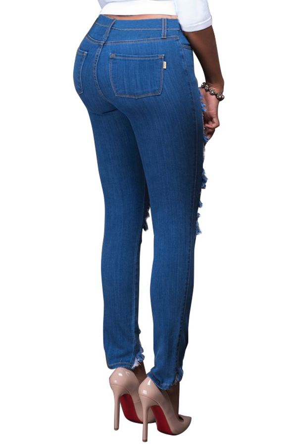  Trendy Mid Waist Broken Holes Deep Blue Denim Pants