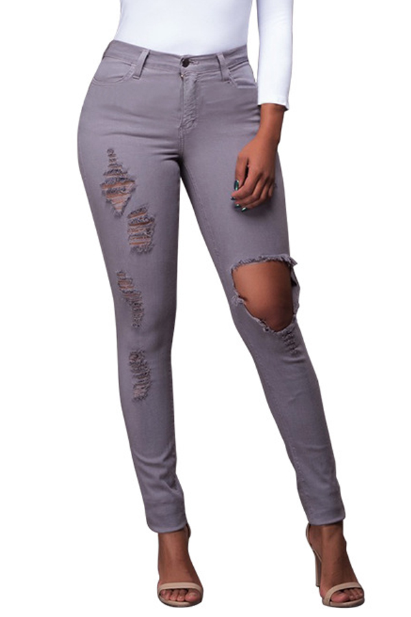  Trendy Mid Waist Broken Holes Grey Denim Pants