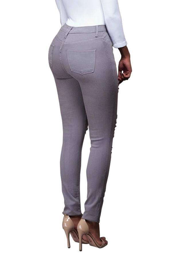  Trendy Mid Waist Broken Holes Grey Denim Pants