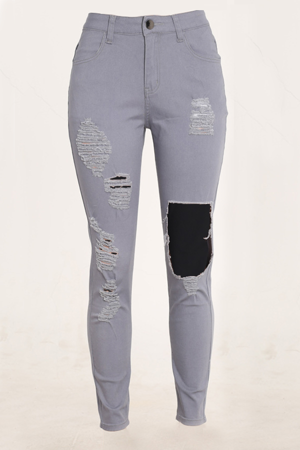  Trendy Mid Waist Broken Holes Grey Denim Pants