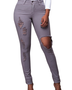  Trendy Mid Waist Broken Holes Grey Denim Pants