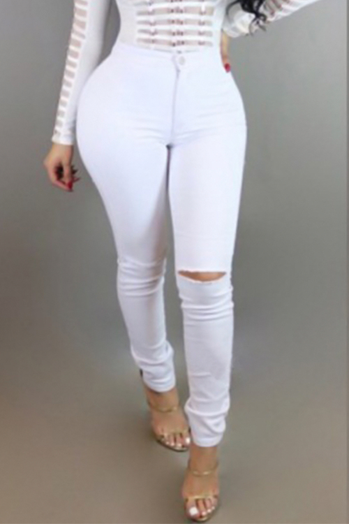  Trendy Mid Waist Broken Holes White Denim Pants