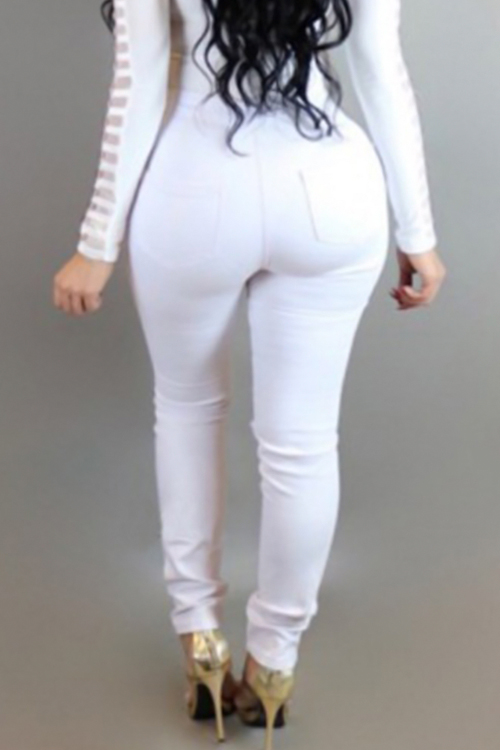  Trendy Mid Waist Broken Holes White Denim Pants