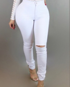  Trendy Mid Waist Broken Holes White Denim Pants