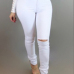  Trendy Mid Waist Broken Holes White Denim Pants