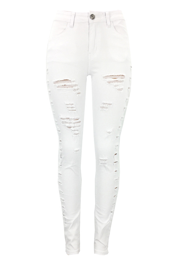  Trendy Mid Waist Broken Holes White Denim Zipped Jeans