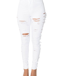  Trendy Mid Waist Broken Holes White Denim Zipped Jeans