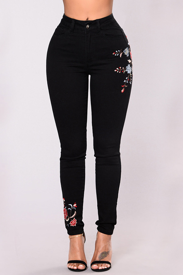  Trendy Mid Waist Embroidered Design Black Denim Jeans