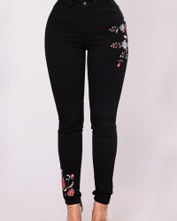  Trendy Mid Waist Embroidered Design Black Denim Jeans