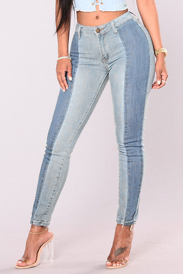  Trendy Mid Waist Patchwork Light Blue Denim Pants