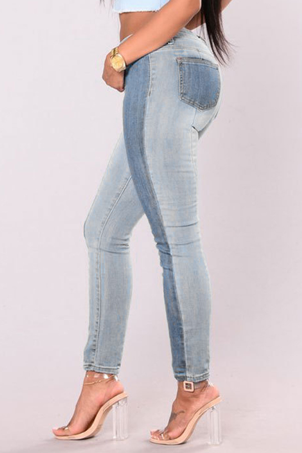  Trendy Mid Waist Patchwork Light Blue Denim Pants