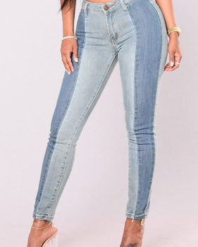  Trendy Mid Waist Patchwork Light Blue Denim Pants