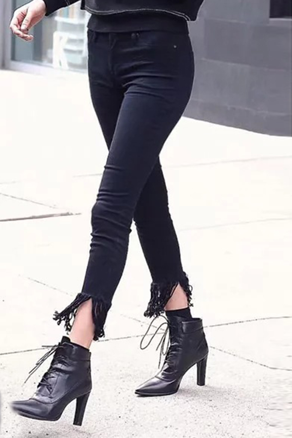  Trendy Mid Waist Torn Edges Black Denim Pants