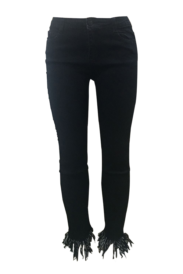  Trendy Mid Waist Torn Edges Black Denim Pants