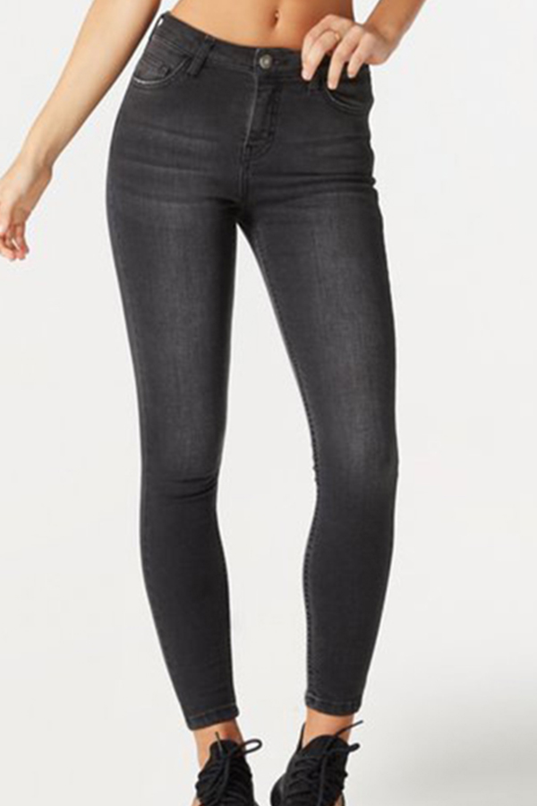  Trendy Mid Waist Zipper Fly Dark Grey Denim Pants