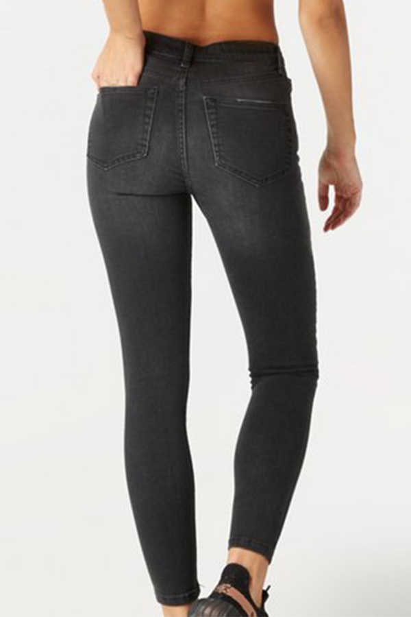  Trendy Mid Waist Zipper Fly Dark Grey Denim Pants