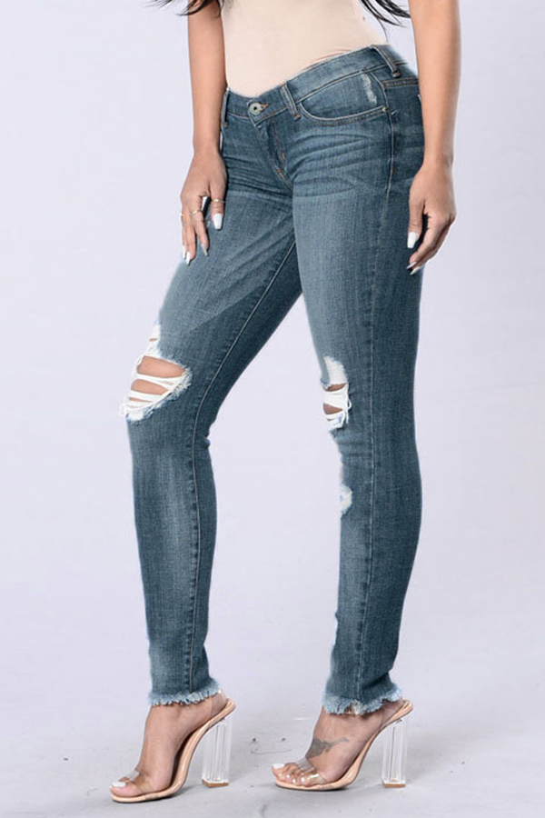  Trendy Mid Wasit Broken Holes Dark Blue Denim Pants 