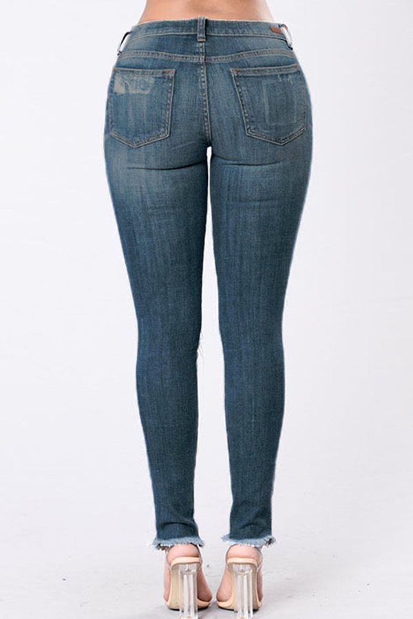  Trendy Mid Wasit Broken Holes Dark Blue Denim Pants 