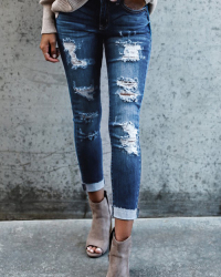  denim Solid Zipper Fly Mid Skinny Pants Jeans