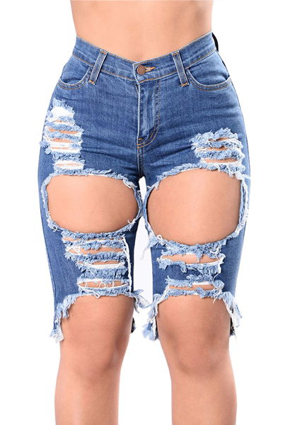 Cotton Solid Zipper Fly High Regular Capris Jeans