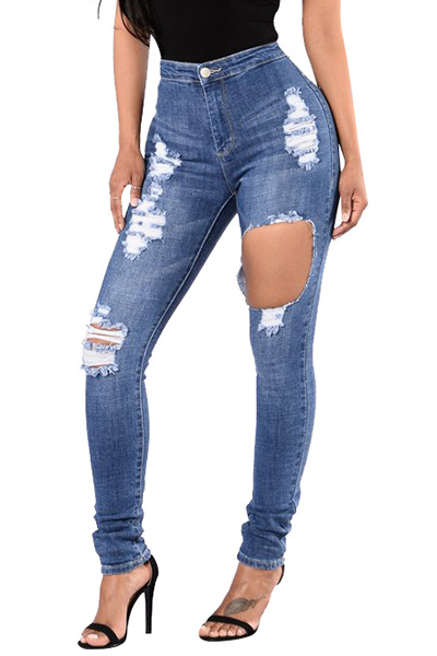 Euramerican High Waist Broken Holes Blue Denim Jeans