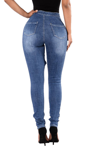 Euramerican High Waist Broken Holes Blue Denim Jeans