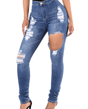 Euramerican High Waist Broken Holes Blue Denim Jeans