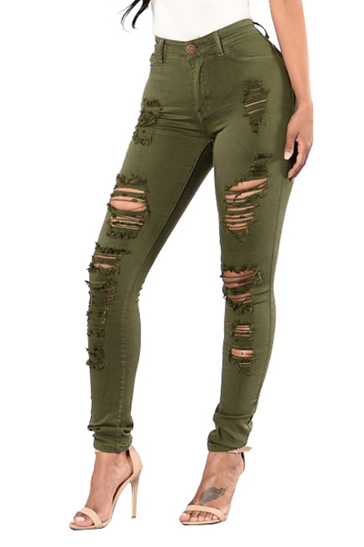 Euramerican High Waist Holes Design Green Cotton Jeans