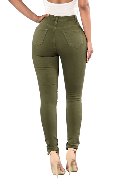 Euramerican High Waist Holes Design Green Cotton Jeans