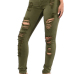 Euramerican High Waist Holes Design Green Cotton Jeans