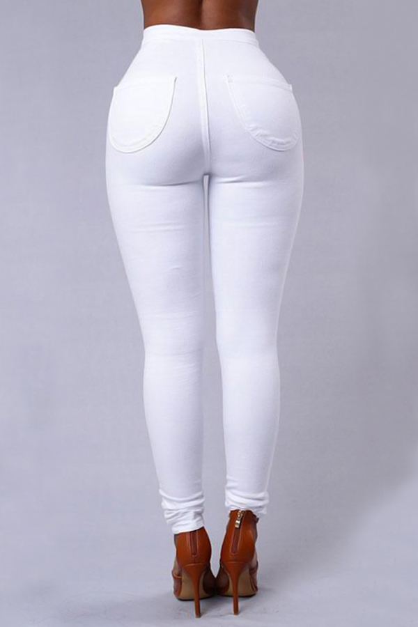 Euramerican High Waist Zipper Design White Denim Pants