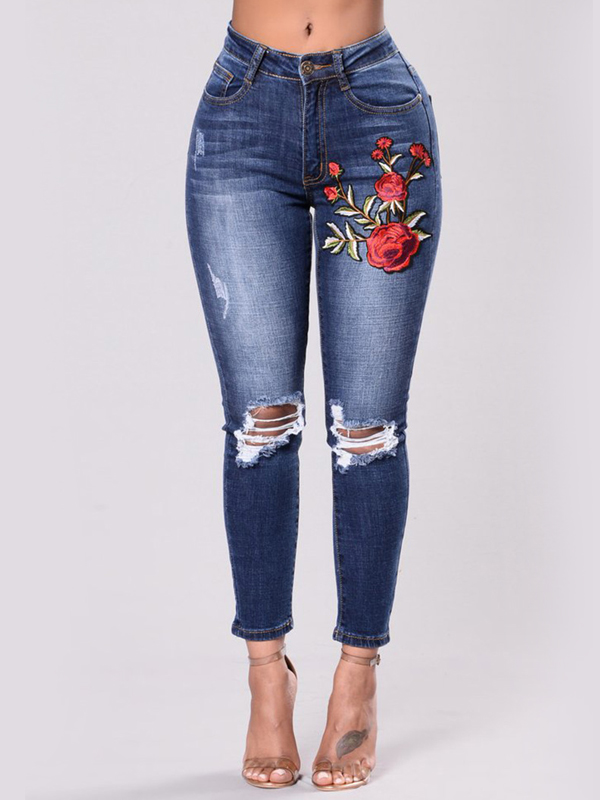 Fashion High Waist Embroidered Design Denim Pants