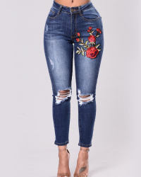 Fashion High Waist Embroidered Design Denim Pants