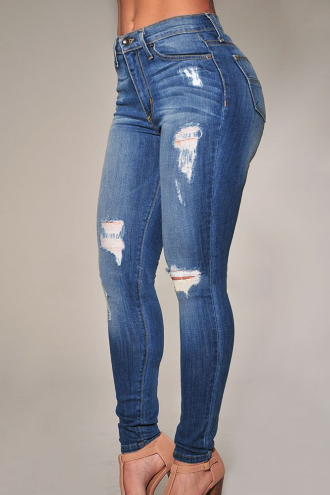 Fashion Mid Waist Broken Holes Blue Polyester Skinny Pants