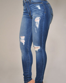 Fashion Mid Waist Broken Holes Blue Polyester Skinny Pants