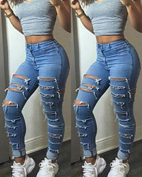 Fashion Mid Waist Button Fly Broken Holes Blue Denim Skinny Jeans