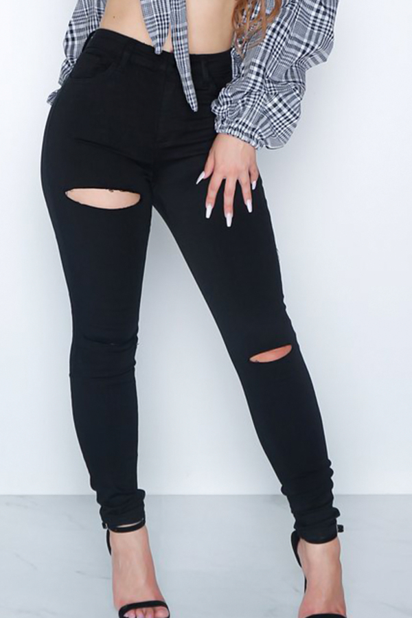 Fashionable High Waist Broken Holes Black Denim Pants