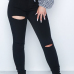 Fashionable High Waist Broken Holes Black Denim Pants