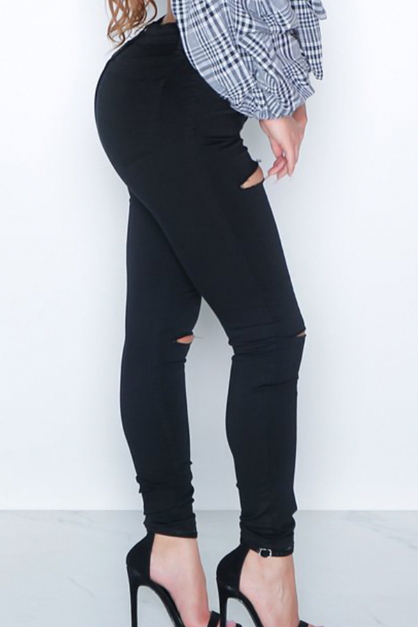 Fashionable High Waist Broken Holes Black Denim Pants