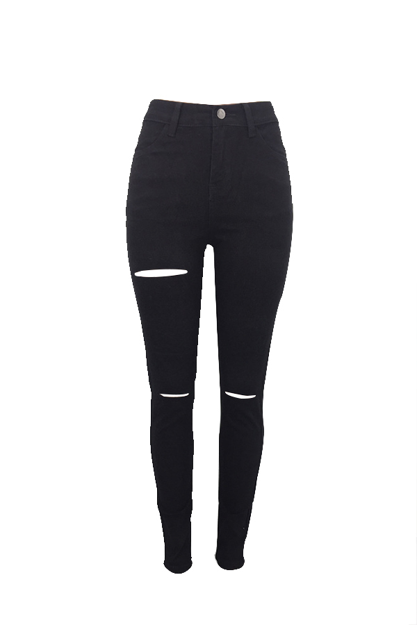 Fashionable High Waist Broken Holes Black Denim Pants