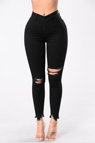 Leisure High Waist Broken Holes Black Cotton Jeans