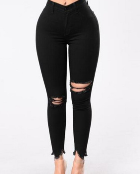 Leisure High Waist Broken Holes Black Cotton Jeans