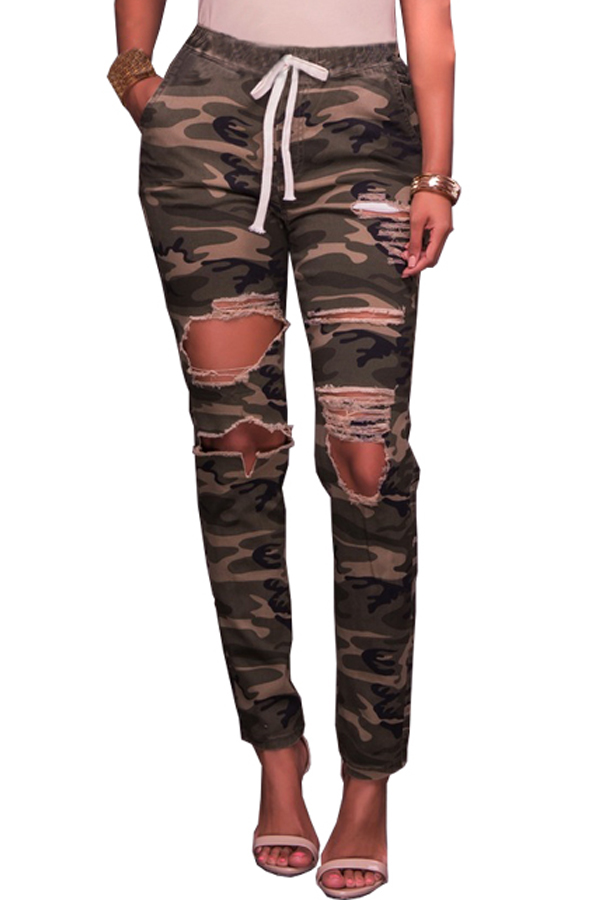 Stylish Camouflage Printed Broken Holes Denim Pants