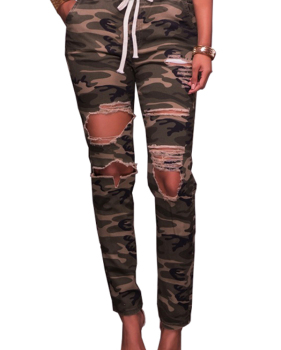 Stylish Camouflage Printed Broken Holes Denim Pants